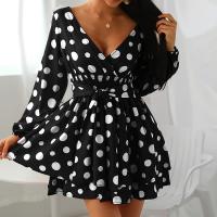Polyester Waist-controlled One-piece Dress deep V printed dot PC