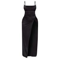 Polyester Slim & High Waist Slip Dress side slit & backless patchwork Solid black PC