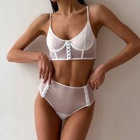 Polyester High Waist Bra and Panties Set & transparent Solid white Set