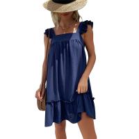 Polyester scallop One-piece Dress & loose Spandex patchwork Solid Navy Blue PC