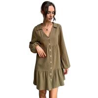Polyester & Cotton A-line One-piece Dress patchwork Solid army green PC