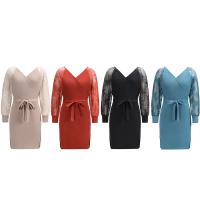 Polyester Sweater Dress mid-long style & side slit & with belt knitted Solid PC