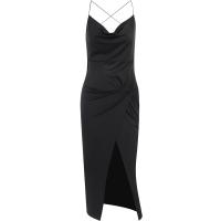 Polyester Waist-controlled & Slim & front slit & High Waist Slip Dress backless patchwork Solid black PC