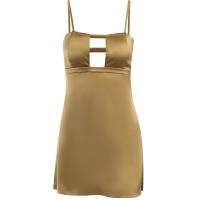 Polyester Slim Slip Dress side slit & backless & hollow patchwork Solid yellow PC