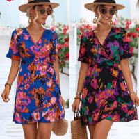Polyester scallop & A-line One-piece Dress deep V printed PC