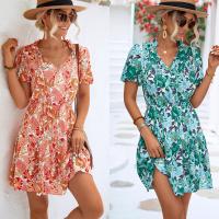 Polyester One-piece Dress deep V printed floral PC