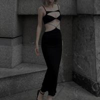 Polyester Slip Dress & hollow patchwork Solid black PC