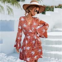 Polyester A-line One-piece Dress deep V printed shivering PC