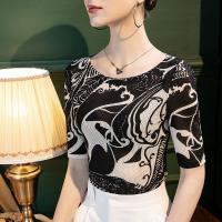 Polyester Slim Women Five Point Sleeve Blouses printed black PC