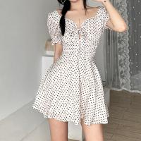 Polyester Lace Up One-piece Dress slimming patchwork Apricot PC