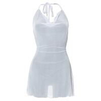 Polyester Slim Slip Dress see through look & backless & off shoulder patchwork Solid PC
