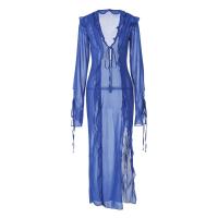 Chiffon Slim One-piece Dress deep V & side slit patchwork Solid blue PC
