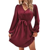 Polyester A-line One-piece Dress deep V patchwork Solid PC