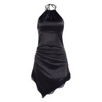 Satin & Knitted Halter Dress irregular & backless & above knee patchwork Solid black PC
