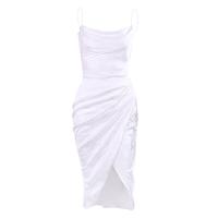 Satin & Polyester front slit Slip Dress irregular & mid-long style jacquard Solid white PC