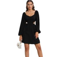 Polyester One-piece Dress backless & hollow patchwork Solid black PC