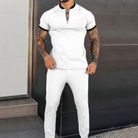 Polyester & Cotton Men Casual Set & two piece Long Trousers & short sleeve T-shirts plain dyed Solid Set