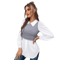 Polyester Slim Women Long Sleeve Blouses & fake two piece patchwork Solid two different colored PC