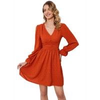 Polyester & Cotton stringy selvedge & A-line One-piece Dress deep V jacquard dot PC