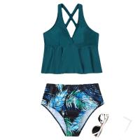 Polyester Tankinis Set backless & two piece & padded printed leaf pattern Set