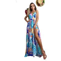 Polyester High Waist Slip Dress side slit & backless & loose printed multi-colored PC