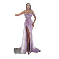 Polyester Slim Slip Dress side slit & backless patchwork Solid purple PC