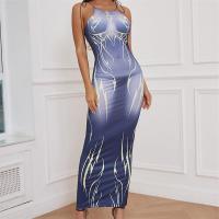 Polyester Slim Sexy Package Hip Dresses printed blue PC