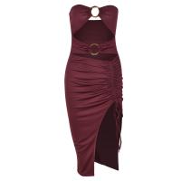 Polyester Slim & Crop Top Tube Top Dress backless & off shoulder & hollow patchwork Solid wine red PC