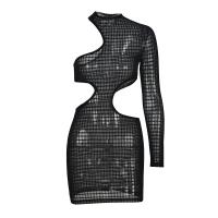 Polyester Slim Sexy Package Hip Dresses see through look & hollow patchwork patchwork black PC