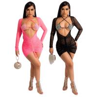 Polyester Slim Sexy Package Hip Dresses deep V & two piece patchwork Solid Set
