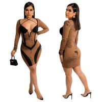 Polyester Waist-controlled & Slim & High Waist Sexy Package Hip Dresses deep V patchwork brown PC