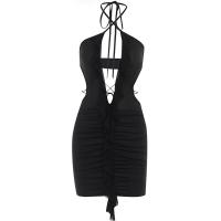 Polyester Slim & High Waist Sexy Package Hip Dresses deep V & backless & off shoulder & hollow patchwork Solid PC