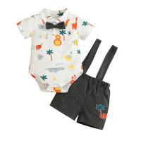 Polyester Baby Clothes Set & two piece suspender pant & teddy printed animal prints white Set