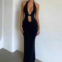 Polyester Sexy Package Hip Dresses deep V & backless Solid black PC