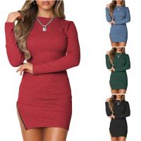 Polyester Waist-controlled & Slim Sexy Package Hip Dresses side slit patchwork Solid PC