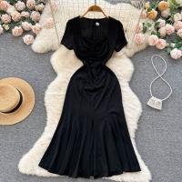 Polyester Waist-controlled & front slit One-piece Dress Solid black PC