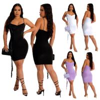 Spandex & Polyester Slim & Step Skirt Sexy Package Hip Dresses deep V patchwork Solid PC