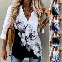 Polyester scallop & Plus Size Women Long Sleeve Shirt printed Plant PC