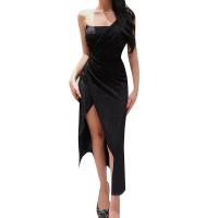 Polyester Slim & High Waist Slip Dress side slit & backless & off shoulder patchwork Solid black PC