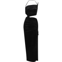 Velveteen Slim & High Waist Slip Dress side slit & backless & hollow patchwork Solid PC