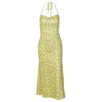 Polyester Waist-controlled & Slim Slip Dress backless & off shoulder printed yellow PC
