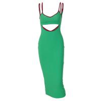 Polyester Slim Sexy Package Hip Dresses side slit & backless & hollow patchwork Solid green PC