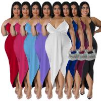 Spandex & Polyester Plus Size One-piece Dress mid-long style & flexible & deep V Solid PC