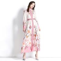 Polyester Slim & A-line & High Waist Autumn and Winter Dress printed floral pink PC