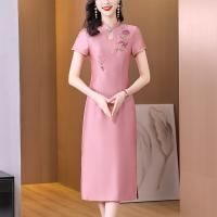 Acetate Slim & Plus Size & High Waist Women Cheongsam embroidered floral pink PC