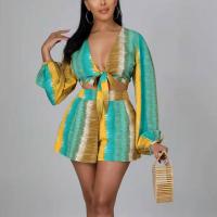 Polyester Women Casual Set & two piece short & long sleeve blouses printed yellow Set