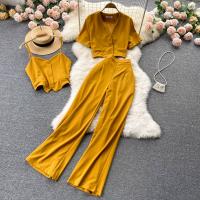 Polyester High Waist Women Casual Set deep V & three piece Wide Leg Trousers & camis & top Solid : Set