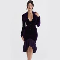 Pleuche Slim & Mermaid Autumn and Winter Dress deep V patchwork Solid purple PC