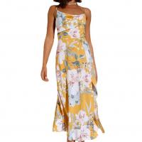 Rayon Waist-controlled One-piece Dress backless printed floral yellow PC