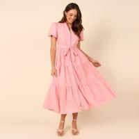 Cotton One-piece Dress large hem design & loose Solid pink PC